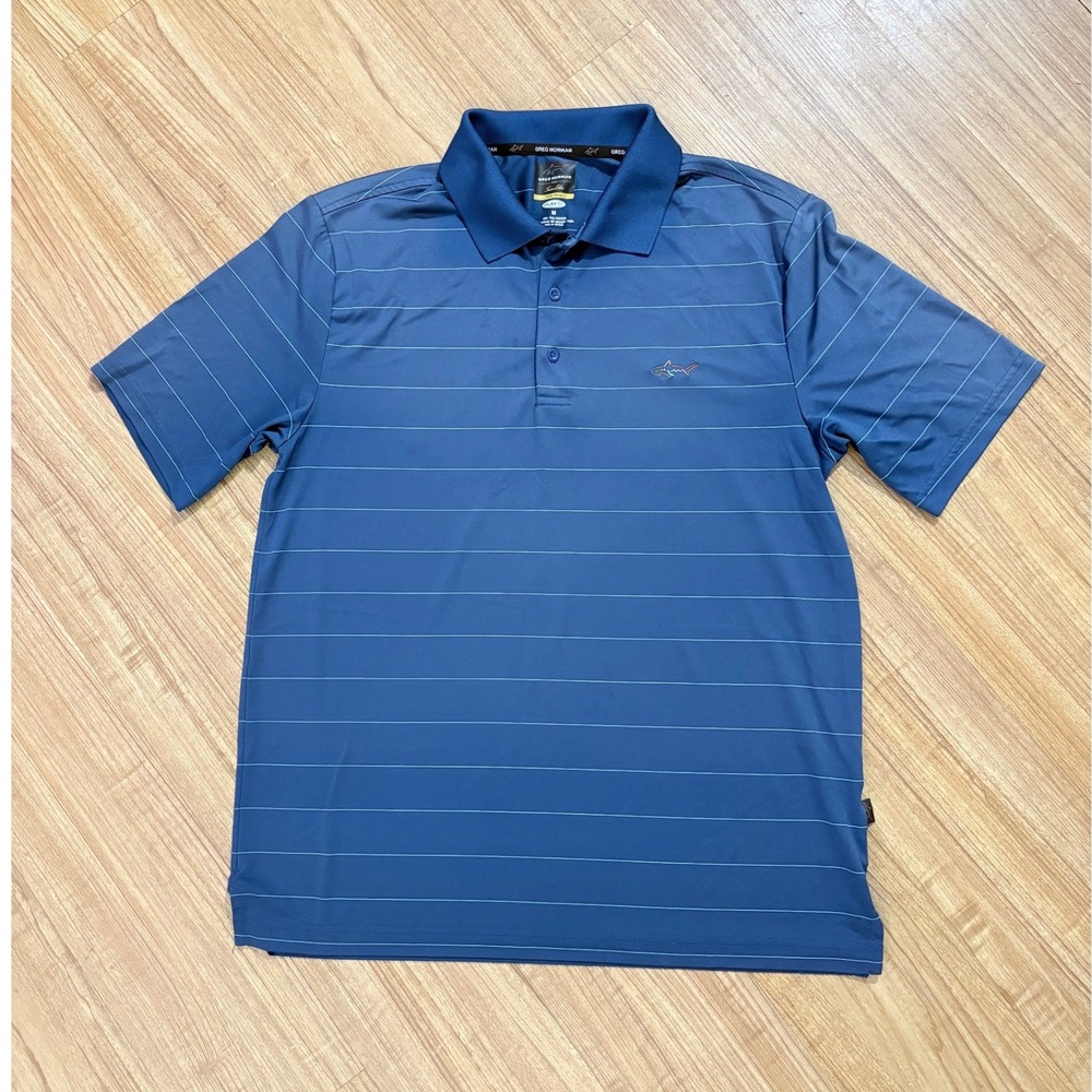 Greg Norman Polo Shirt Blue Stripe Golf Five Iron Play Dry‎ Athletic Mens Size M